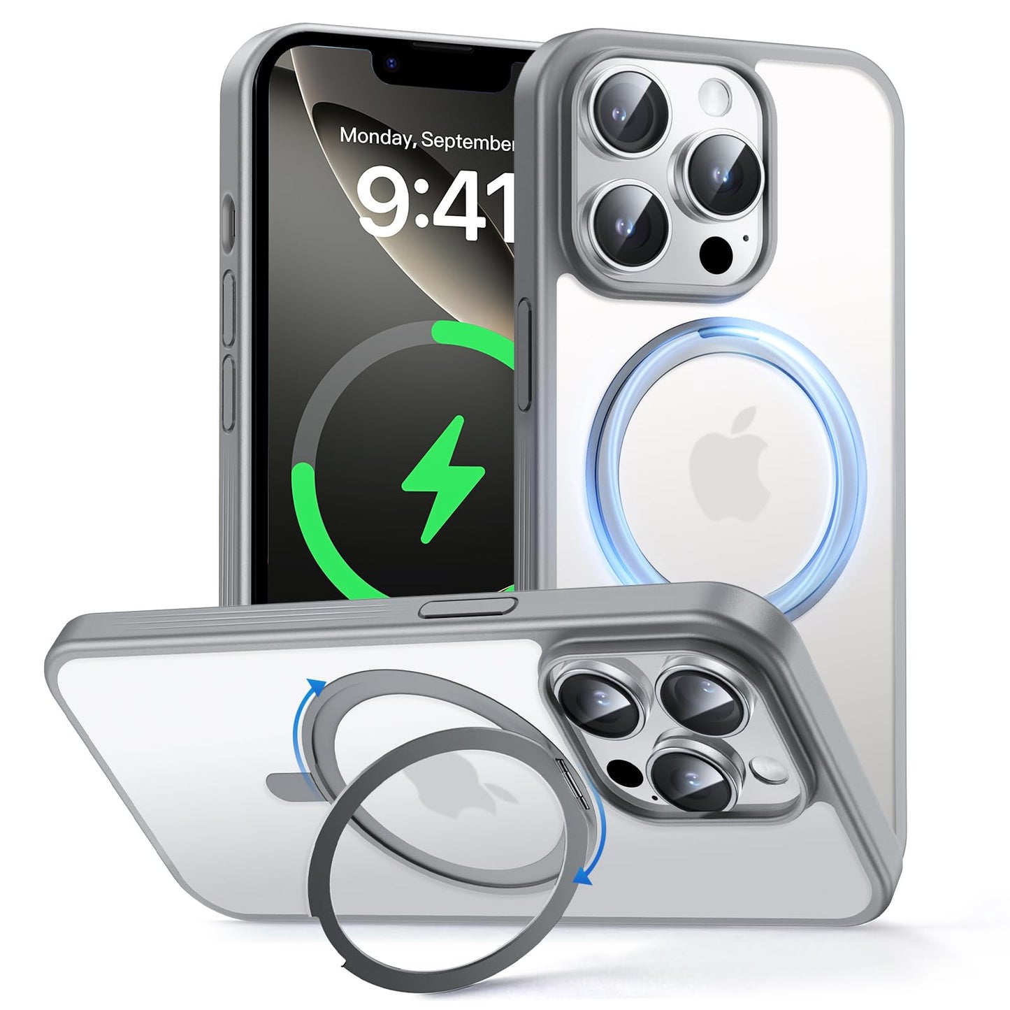 MAGIC JOHN 360° Rotatable Magnetic Invisible Stand for iPhone 14 Pro Max Case [Anti-Slip Grip] [Compatible with MagSafe] 16FT Shockproof for iPhone 14 Pro Max Case with Kickstand, Gray