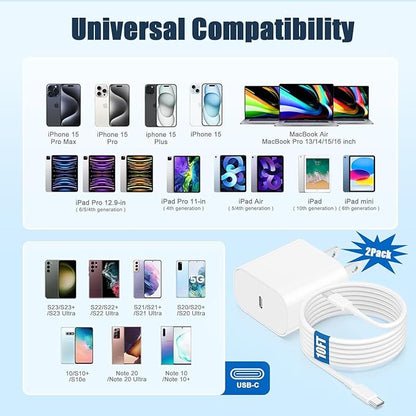 iPhone 16/15 Charger Fast Charging, 2Pack 10FT Long USB C to C Apple Fast Charging Cable Cord with 20W PD USB C Fast Charger Block for iPhone 16/15/15 Pro/15 Pro Max/15 Plus, iPad 12.9/11/10.9/Air 5/4