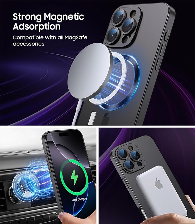 Magnetic for iPhone 16 Pro Case [Compatible with MagSafe][Built-in Camera Lens Protector] Slim Soft Silicone Bumper Shockproof Metallic Luster Phone Case (Black)