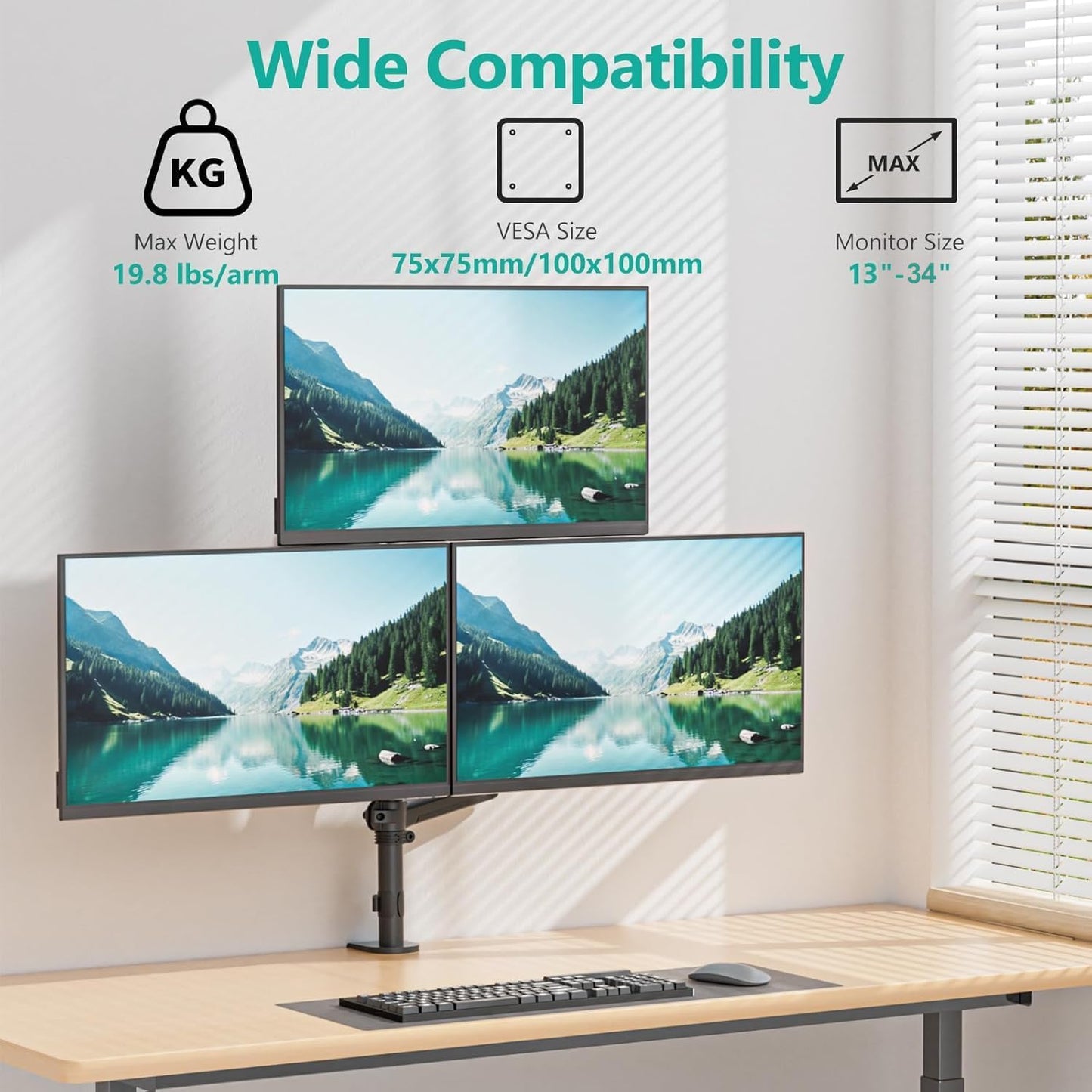 WALI Stacked Triple Monitor Mount for 13-34 inch Screens, 19.8 lbs per Arm