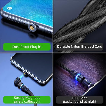 Magnetic Charging Cable (6-Pack,1.6+3.3+3.3+6.6+6.6+10ft) 540° Rotation 3A Fast Charging Data Sync 3 in 1 Magnetic Phone Charger Cable with LED Light Compatible with Micro USB Type C Phone Device