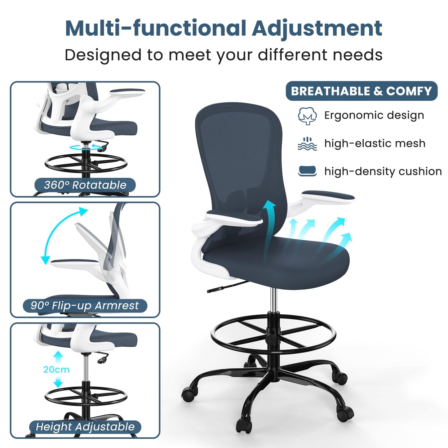 Drafting Chair, Tall Office Chair with Flip-up Armrests Executive Ergonomic Computer Standing Desk Chair, Office Drafting Chair with Lumbar Support and Adjustable Footrest Ring