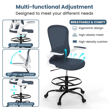 Drafting Chair, Tall Office Chair with Flip-up Armrests Executive Ergonomic Computer Standing Desk Chair, Office Drafting Chair with Lumbar Support and Adjustable Footrest Ring