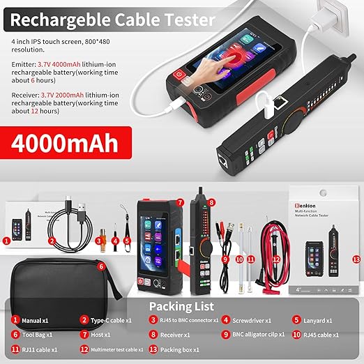 Multifunction RJ45 Network Caber Tester, UTP Cable Tester Ethernet Cable Tracer, 4" IPS Touch Screen Support Network Tools, Digital Multi-Meter, VFL,OPM, POE++ Detect,RJ45 TDR, Cable Length,NCV