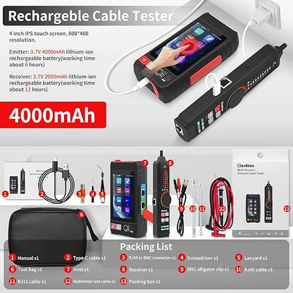 Multifunction RJ45 Network Caber Tester, UTP Cable Tester Ethernet Cable Tracer, 4" IPS Touch Screen Support Network Tools, Digital Multi-Meter, VFL,OPM, POE++ Detect,RJ45 TDR, Cable Length,NCV