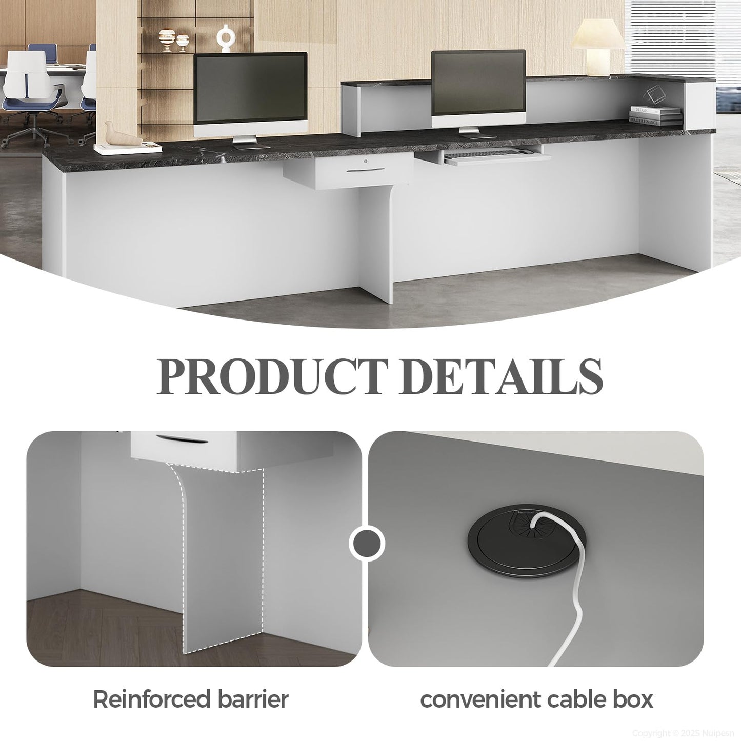 Nuipesn 71" Modern Reception Desk with Counter, Lockable Drawer, Keyboard Tray & Cable Grommet, Right Layout, White + Black