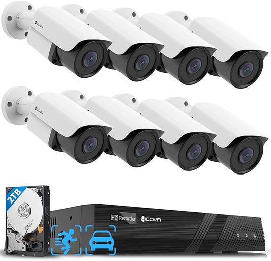 4COVR PoE Security Camera System, 8CH 4K H.265 NVR with 2TB HDD, AI Human Vehicle Detection, 8Pcs 5MP Commercial IP67 IP Bullet Camera Built-in Mic Night Vision, 24/7 Recording, LY37EX5M0808