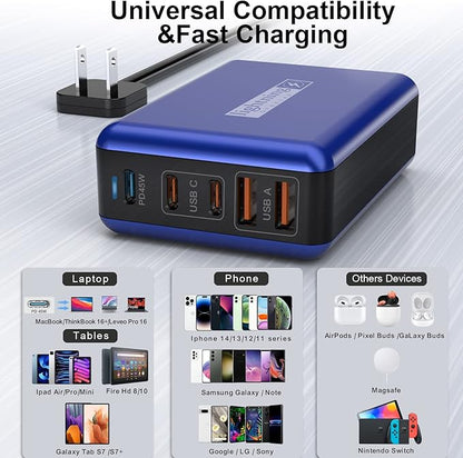 100W USB C Charger, 5 Port USB Tower Charging Hub Fast Charger for iPhone,iPad,MacBook, Super Fast Charging for Samsung, Multi USB Block with Flat Plug, Travel Charger for Multiple Devices, Blue
