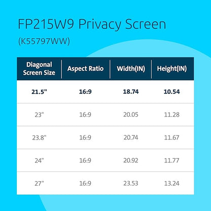 Kensington 21.5 inch Computer Privacy Screen for Desktop, 16:9 Widescreen Monitor, FP215W9 Anti-Glare Blue Ray Reduction Computer Privacy Filter, Matte and Glossy Viewing Options, K55415WW