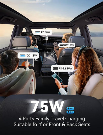 USB C Car Charger Cigarette Lighter Adapter 75W 4-Port Fast Car Charger Fast Charging Compatible with iPhone16/15/14/13 Series