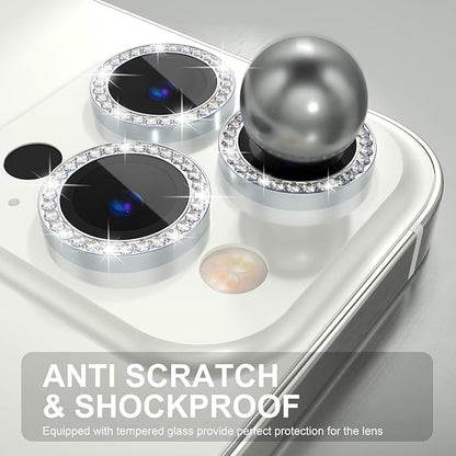 Choiche [3+1 for iPhone 14 Pro/iPhone 14 Pro Max Camera Lens Protector Bling, 9H Tempered Glass Camera Cover Screen Protector Metal Ring Decoration Accessories (Diamond-Silver)