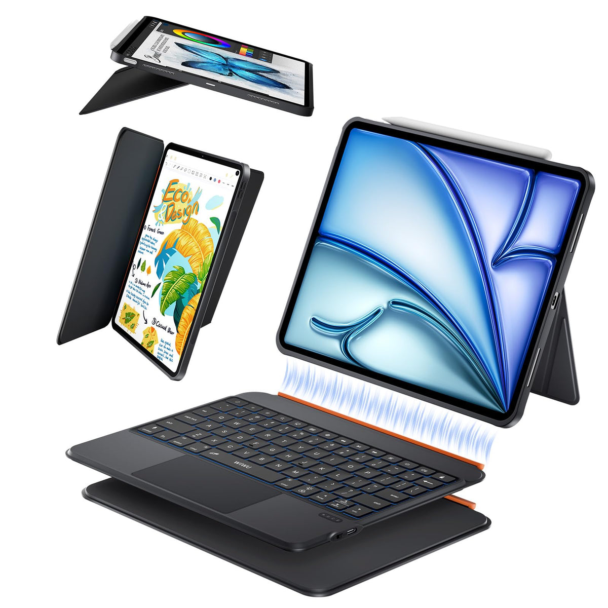 WIWU for iPad Case Keyboard for Air 13 Inch M4/M3/M2 2026/2025/2024 Magnetic Detachable Keyboard Case Adjustable Stand 7 Colours Backlit Keys Trackpad (Black, for Air 13"(M3/M2) Pro 12.9" 6/5/4/3)