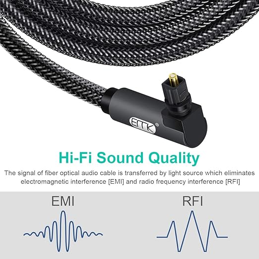 EMK 90 Degree Toslink Optical Cable 360 Degree Free-Rotating Plug Fiber Optic Cable S/PDIF Toslink Male to Male for Home Theater, Sound Bar, TV, PS4, Xbox,Grey (10ft/3m)