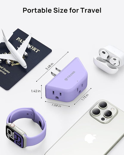TROND Purple Outlet Extender - Plug Splitter with 3-Prong Grounded Sockets, 3 Way Angled Outlet Adapter, Wall Plug Expander, Cruise Ship Essentials, Compact and Practical for Travel Home Decoration