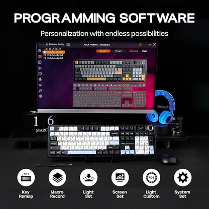 EPOMAKER X Aula F108 PRO Wireless Gaming Keyboard with Screen, 8000mAh Battery, 104 Hot-Swappable and Programmable Keys and Knob, RGB Backlight, for Mac/PC/Android (Blue&White&Black)