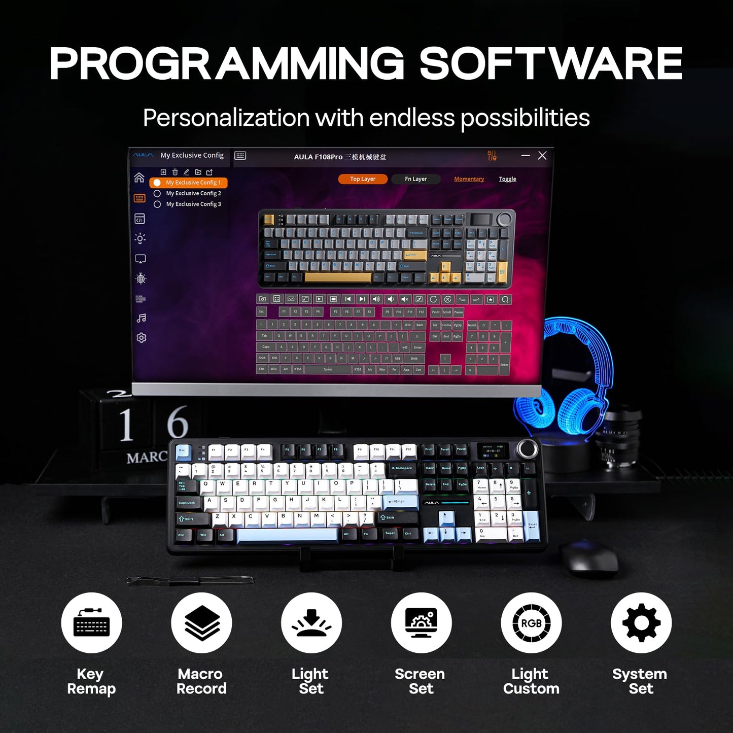EPOMAKER X Aula F108 PRO Wireless Gaming Keyboard with Screen, 8000mAh Battery, 104 Hot-Swappable and Programmable Keys and Knob, RGB Backlight, for Mac/PC/Android (Blue&White&Black)