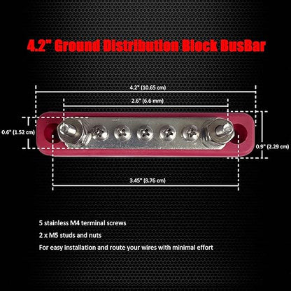 2 x #10 (M5) Studs Power Distribution Block with 5 x #8 (M4) Screws, Ampper 4.2" Bus Bar 12V Power Distribution Terminal Block Battery Busbar for Car Audio Solar (Red)
