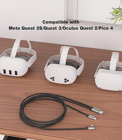 16FT VR Charging Link Cable | USB 3.0 High-Speed Data & Charge for Meta Quest 3S/3/2/Pro, Pico 4 and PC/SteamVR USB-C Charger Cord for VR Headset - Gray