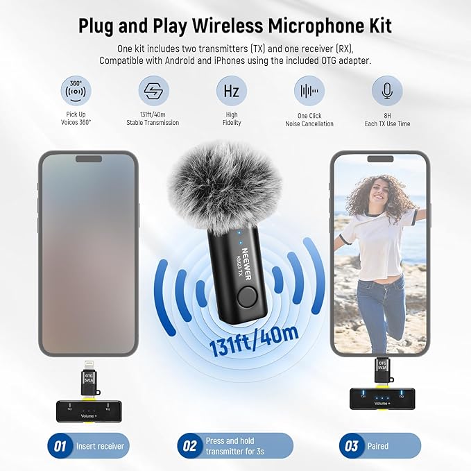 NEEWER Vlogging Kit for Phone with RGB LED Light/Lavalier Wireless Microphone System/Selfie Stick Phone Tripod, Content Creator Essentials for iPhone Android Podcast YouTube, PA048