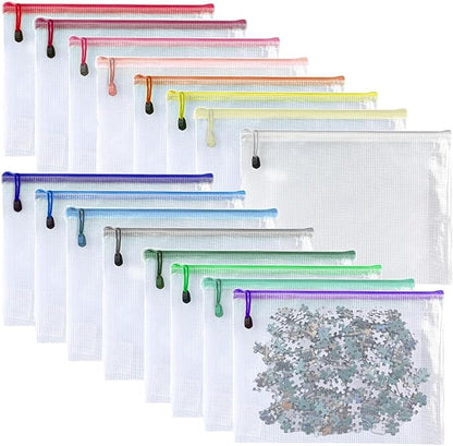 Oaimyy-16Pcs, Mesh Zipper Pouch Document Folders Bag & Plastic Zip File Folders for School Office Supplies, Travel,Puzzles Games Organizing Storage (Inches, MultiSize)