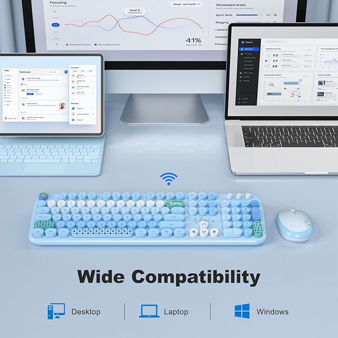 KNOWSQT Wireless Keyboard and Mouse Combo - Lovely Blue Rainbow Full-Sized Typewriter Colorful Keyboards, Round Keycap USB Plug Play Retro Cute Keyboards for Windows, Laptop, PC, Desktop, Computer