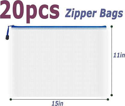 AUSTARK 20 Pcs Zipper File Bags, Plastic Mesh Pouch, Board Game Storage Bag, Waterproof Bags for Office School (B4 Size 15''x11'', White and Blue)