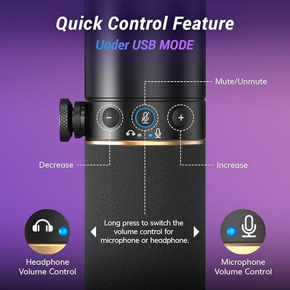 TONOR Dynamic Microphone, XLR/USB Microphone for Gaming, Streaming, XLR Cardioid Studio Mic with Quick Mute, Headphone Jack, Volume Control, Mic with RGB Lighting and Low Profile Boom Arm, TD520s+