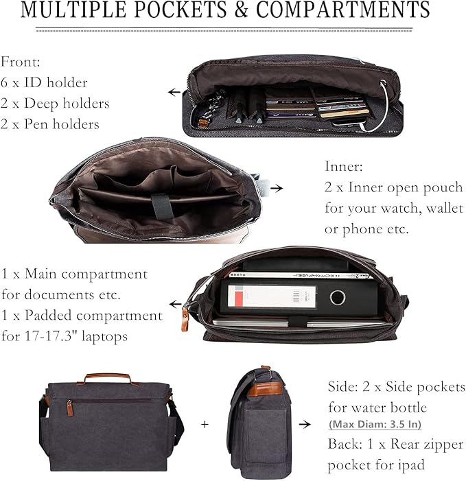 ESTARER Men Messenger Bag 17-17.3 Inch Laptop Bag Water-resistant Canvas Computer Shoulder Bag Briefcase for Work College Travel, Grey