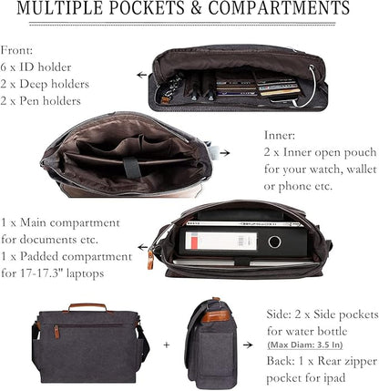 ESTARER Men Messenger Bag 17-17.3 Inch Laptop Bag Water-resistant Canvas Computer Shoulder Bag Briefcase for Work College Travel, Grey