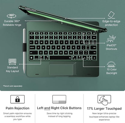 typecase Touch iPad 9th Generation Case with Keyboard (10.2", 2021), Multi-Touch Trackpad, 10 Color Backlight, 360° Rotatable, Thin & Light for iPad 8th Gen, 7th Gen, Air 3, Pro 10.5 (Midnight Green)