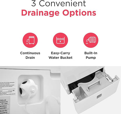 Frigidaire 60-Pint Portable Dehumidifier with Built-In Pump for Large Rooms & Basements, Custom Humidity Control, Auto Shut Off, White