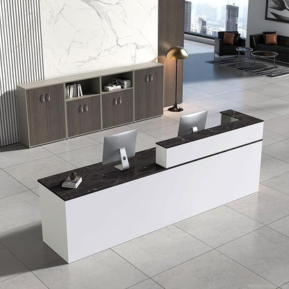 Reception Desk with Counter, Modern Front Desk Reception Counter with Keyboard Tray, Lockable Drawer and Storage Shelves for Office, Retail, Salon (White+Black/Right, 71" L*24" W*39" H)