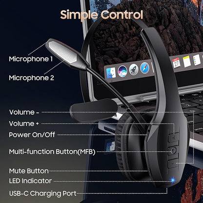 Trucker Bluetooth Headset, Wireless Headset with Mic, Bluetooth Headsets with Dual Noise Cancelling Microphone & Mute Button, 55Hrs Working Time PC Headsets for Cell Phones, Computer, Truck Driver
