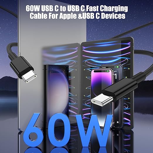 3-Pack Black 10FT 60W USB C to USB C Cable, Type C to Type C Cable,Fast Charging Cable for iPhone 16 15 Pro Plus Pro Max，for Galaxy S24 S23, for iPad Pro/Air, for MacBook Pro/Air and More