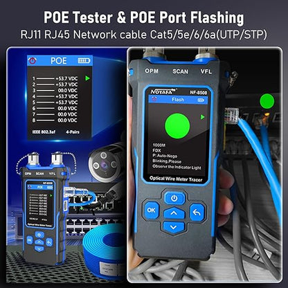 NOYAFA NF-8508 Network Cable Tester with 7 wavelength Optical Power Meter VFL,RJ11 RJ45/PoE Tester/CAT5 CAT6/NCV with 10mw Visual Fault Locator,Network Tool with Lithium Battery