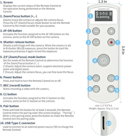 Camera Rechargeable Shutter Release for Sony, AODELAN Wireless Remote Control Zoom Focus Record Compatible with Sony ZV-E10,ZV-1F,ZV-1,A6400,A6700,A7C,A7III,A9,A9 II,DSC-RX0 II,Replace RMT-P1BT(White)