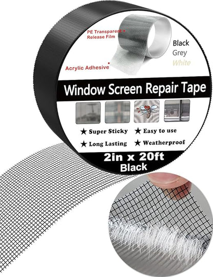 Wohohoho Window Screen Repair Tape, 2 in X 20 FT (240IN) Black Screen Patch Repair Kit, 3-Layer Strong Adhesive Invisible Screen Tape Mesh Repair for Windows, Doors Garage Mosquito Net Magnetic Screen