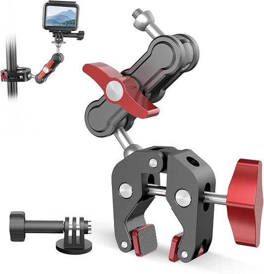 Mechrig Camera Clamp Mount & 360°Ball Head Magic Arm with Adapter for Go pro, Aluminum Double Ball Head Adapters, Heavy Duty Super Clamp with 1/4"-20 & 3/8"-16 Thread -SJ008