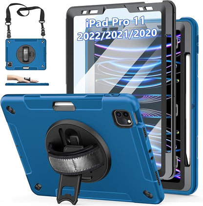 Case for iPad Pro 11 Inch 2022/2021/ 2020/2018: Cover for iPad 11 Inch 4th/ 3rd/ 2nd/ 1st Generation with Screen Protector- Stand- Handle- Shoulder Strap- Pencil Holder Blue
