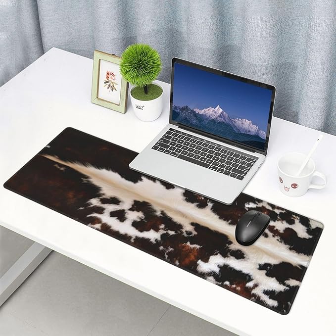 Gaming Mouse Pad, Large Non-Slip Rubber Base Mousepad, Keyboard Mouse Mat, Desk Pad with Stitched Edges, 31.5x11.8inch, Brown Cowhide
