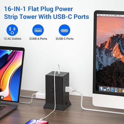 Power Strip Tower with Multiple Outlets, 6.5 Ft Extension Cord Flat Plug with 12 AC Outlets 4 USB Ports (2 USB C), Power Tower Surge Protector with Individual Switches for Home Office Dorm Room, Black