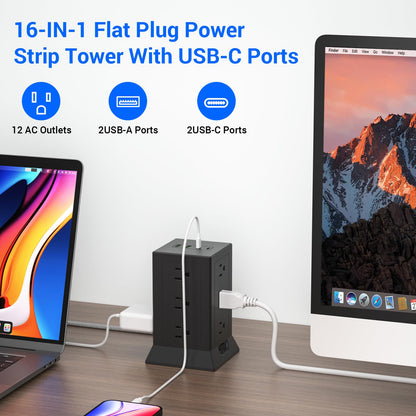 Power Strip Tower with Multiple Outlets 16.5 Ft Extension Cord Flat Plug with 12 AC Outlets 4 USB Ports (2 USB C), Power Tower Surge Protector with Individual Switches for Home Office Dorm Room, Black