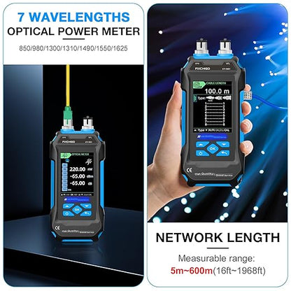10 in 1 Network Cable Tester with 7 Wavelengths OPM 10Km/10mW VFL 600M Measurable Length 100 Records Tool Kit for CAT5 CAT6 Telephone Ethernet RJ11 RJ45 PoE Wire Tracer NCV, Blue