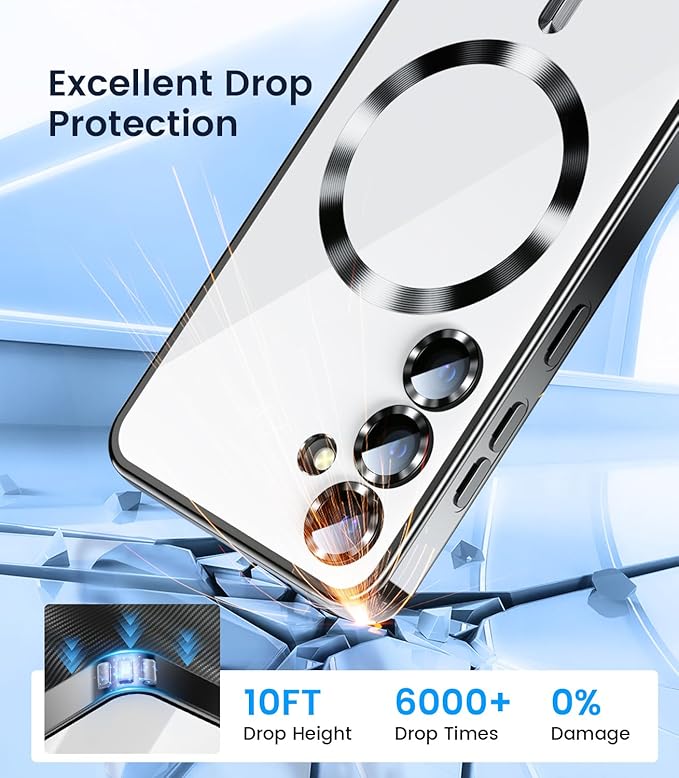 Slim Thin for Samsung Galaxy S25 Plus Case, Compatible with MagSafe, Built-in Camera Lens Protector, Shockproof Protective Phone Case, Soft Electroplated Clear Cover, Black