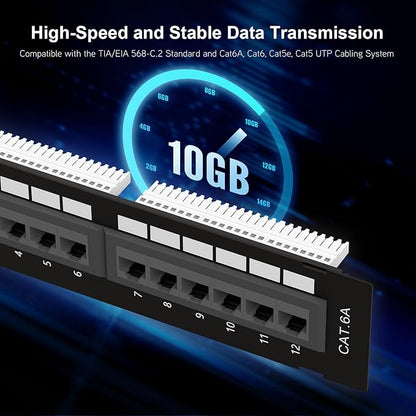 iwillink 12 Port 10Gbps Cat6A Network Patch Panel with Wall & Bracket Mount for Cat 6A/6/5e/5 Cabling