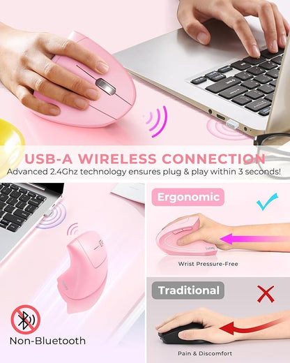 Lekvey Ergonomic Mouse, Vertical Wireless Mouse, Rechargeable 2.4 GHz USB Optical Carpal Tunnel Mice : 800/1200 / 1600 DPI, 6 Buttons, for Laptop, PC, Computer, Desktop, Notebook etc, Pink