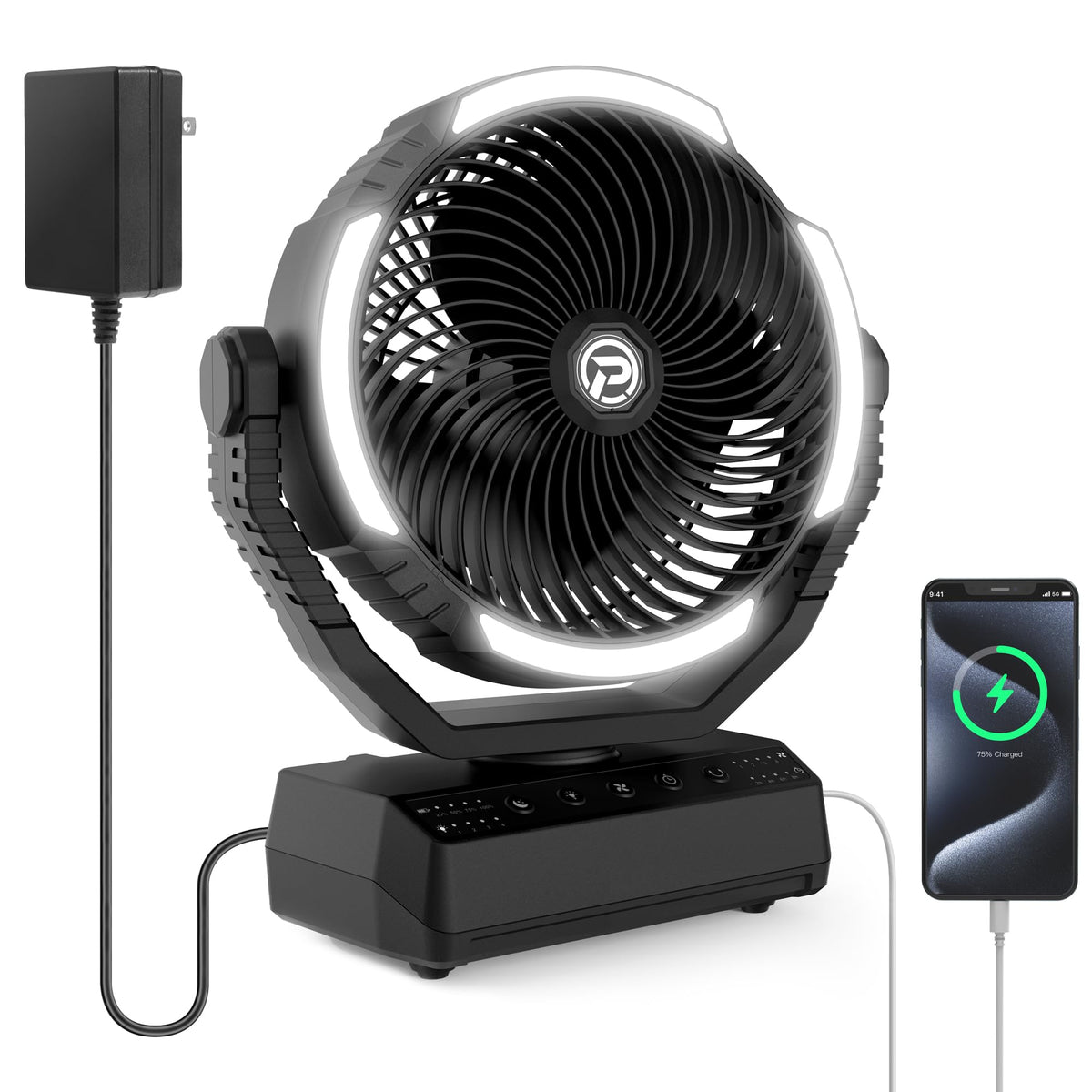 PANERGY Camping Fan with Light - 20000mAh Rechargeable Battery Fan with Charger, 70Hrs Cooling Time, 4 Speeds, 110° Auto Oscillation & 270° Pivot Design with Hook for Camping/Power Outage/Hurricane
