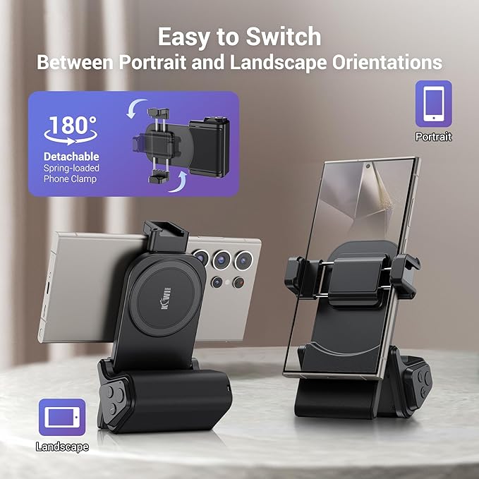 KIWIFOTOS Universal Phone Camera Grip Phone Tripod Mount with Remote Control & Cold Shoe Adapter for iPhone 16 Pro Max Samsung Travel Selfie Vlog Video Shooting Camera Grip