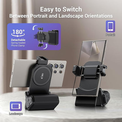 KIWIFOTOS Travel Phone Camera Grip Smartphones Tripod Handle with Remote Control & Cold Shoe Mount for iPhone 16 15 14 Pro Max Samsung S24 S25 Selfie Vlog Video Shooting