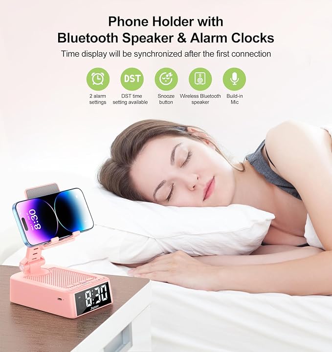 Gifts for Women Girls, Phone Stand with Bluetooth Speaker 360° Rotable Angel Adjustable Cell Phone Holder for Desk with HD Subwoofer Sound Fits All Phones,Tablets (Pink)